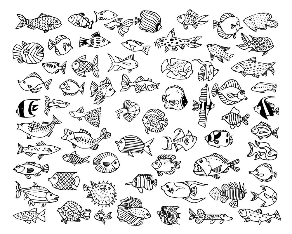 64 Fish Doodles / Digital PNG Clipart Graphics / + EPS Vector Files / for personal and commercial use