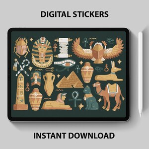 Könnte beinhalten: Ein digitaler Stickerbogen mit verschiedenen Illustrationen zum Thema Ägypten, darunter ein Pharao, ein Skarabäus, Pyramiden, Ankh-Symbole und ein Kamel. Die Sticker sind im Cartoon-Stil gehalten und haben eine warme Farbpalette aus Gold, Braun und Blau.