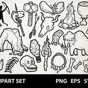 Stone Age / Digital Clip Art Graphics / SVG, PNG, EPS / Prehistory, Caveman, Mammoth / Doodled Line Art Illustrations for commercial use