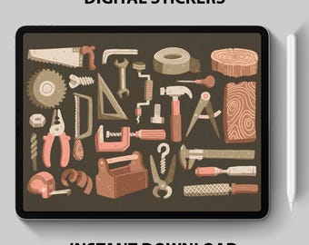 Op de afbeelding: Een digitale stickerset met verschillende gereedschappen en houtbewerkingsonderdelen, waaronder een zaag, een hamer, een sleutel, een schroevendraaier, een liniaal en houten planken. De stickers zijn in cartoon-stijl met bruine, rode en beige kleuren.