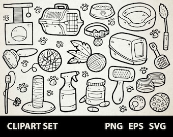 May include: A black and white line drawing clipart set of cat supplies. The set includes a scratching post, a cat carrier, a litter box, a food bowl, a collar, a cat toy, a brush, a spray bottle, a catnip toy, a cat bed, a scoop, and a treat jar.