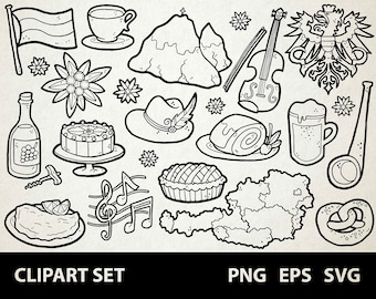 Austria / Digital Clip Art Graphics / SVG, PNG, EPS / Europe, Vienna, Schnitzel, Mozart / Doodled Line Art Illustrations for commercial use