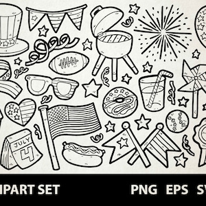 Giorno dell'Indipendenza / Digital Lineart Doodle Graphics / EPS, SVG, PNG / Giorno dell'Indipendenza degli Stati Uniti, 4 luglio / Clipart per uso commerciale