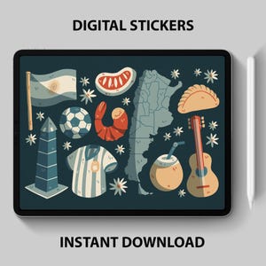 May include: A set of digital stickers featuring various Argentinian cultural icons, including the national flag, a soccer ball, a shrimp, a map of Argentina, a traditional empanada, a guitar, a coconut drink, and a white flower. The stickers are on a dark blue background.