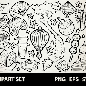 Vietnam / Digitale Lineart Doodle Grafiken / EPS, SVG, PNG/ Asien, Hanoi, Saigon, Pho, Banh Mi  / Clipart für kommerzielle Nutzung