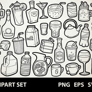 Beverages / Digital Clip Art Graphics / SVG, PNG, EPS / Soda, Juice, Tea, Smoothie, Beer / Doodled Line Art Illustrations for commercial use