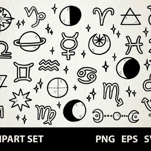 Astrologia / Digital Lineart Doodle Graphics / EPS, SVG, PNG / Oroscopo, simboli, esoterismo, scienza stellare / Clipart per uso commerciale