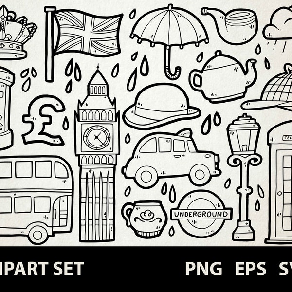 England / Digital Clip Art Graphics / SVG, PNG, EPS / London, United Kingdom, Europe, uk / Doodled Line Art Illustrations for commercial use