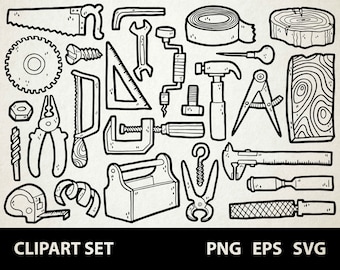 Holzarbeit / Digitale Lineart Doodle Grafiken / EPS, SVG, PNG / Holz, Werkzeug, Tischler, Werkstatt / Clipart für kommerzielle Nutzung