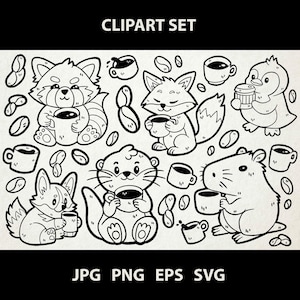 Animaux avec du café des cliparts | Jpg, PNG, Eps, Svg | Vectoriels Dessins Au Trait Numérique | Renard, capybara, corgi, loutre, pingouin, panda roux