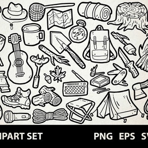 Camping / Digitale Lineart Doodle Grafiken / EPS, SVG, PNG / Natur, Zelt, Camper, Lagerfeuer, Wandern / Clipart für kommerzielle Nutzung