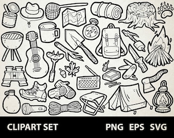 May include: A black and white line art clipart set of camping and outdoor adventure equipment. The set includes a tent, campfire, lantern, backpack, compass, map, axe, sleeping bag, binoculars, guitar, torch, rope, and more.
