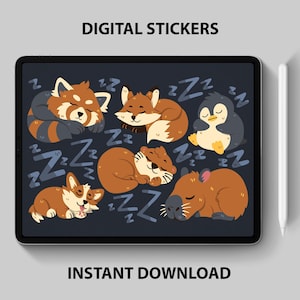 Pegatinas digitales de animales durmiendo: animales lindos durmiendo, capibara, nutria, zorro, pingüino, GoodNotes, planificador digital