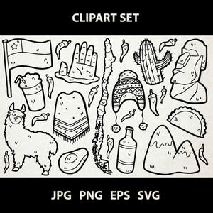 May include: A black and white clipart set featuring various Chilean cultural icons, including a llama, a traditional hat, a bottle of wine, a cactus, and a map of Chile. The set also includes a chili pepper, an avocado, and a mountain range.