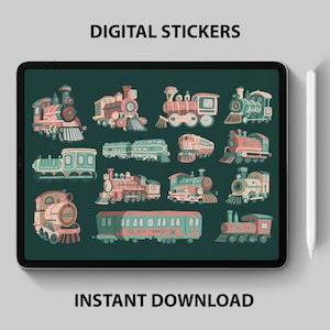 Trains & Locomotives Digital Stickers – Steam Engines, Railways + Vintage Charm – 14 PNG Graphics for Digital Planners and Projects