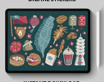 Digitale stickers Taiwan: Taipei, Night Markets, Bubble Tea, Jiufen, Feng Shui, tempels en meer: 17 png-afbeeldingen voor digitale planners