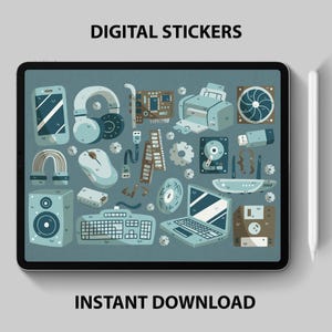 Puede incluir: Una hoja de pegatinas digitales con una variedad de ilustraciones relacionadas con la informática y la tecnología en tonos azules y grises. Las ilustraciones incluyen un portátil, una impresora, un disco duro, un disquete, un ratón de ordenador, auriculares, un teclado, un altavoz y mucho más.