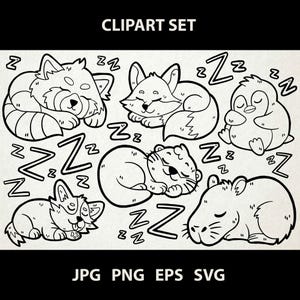 Clipart Animaux endormis | Jpg, PNG, Eps, Svg | Vectoriels Dessins Au Trait Numérique | Renard, capybara, corgi, loutre, pingouin, panda roux
