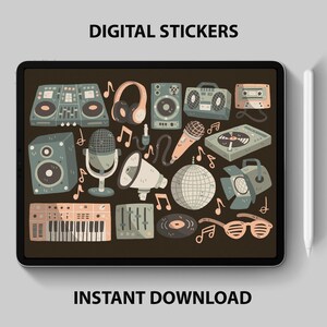 DJ, Club & Musik Digitale Sticker – Disco Vibes PNG Set für GoodNotes, Digitalplaner + Journale – 22 Grafiken