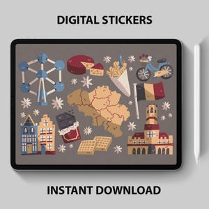 Adesivi digitali Belgio – Clipart di viaggi e cultura per GoodNotes, pianificatori digitali – Bruxelles, Waffle + Punti di riferimento PNG