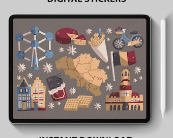 Belgium Digital Stickers – Travel & Culture Clipart for GoodNotes, Digital Planners – Brussels, Waffles + Landmarks PNG