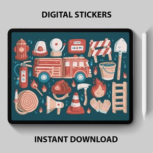 Könnte beinhalten: Digitale Aufkleber mit Illustrationen zum Thema Brandschutz. Das Set enthält ein Feuerwehrauto, einen Hydranten, einen Helm, eine Axt und andere verwandte Elemente. Der Text "DIGITAL STICKERS" und "INSTANT DOWNLOAD" sind angezeigt.
