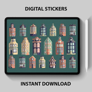 Könnte beinhalten: Ein digitales Blatt mit 20 bunten, illustrierten Hausaufklebern. Die Aufkleber zeigen verschiedene Hausstile mit unterschiedlichen Farben und Details. Die Aufkleber sind perfekt, um Planern, Tagebüchern und anderen kreativen Projekten einen Hauch von Verspieltheit zu verleihen.