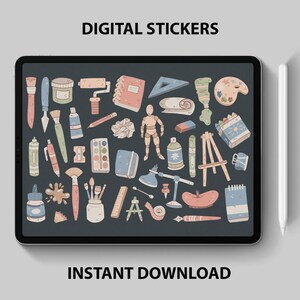Könnte beinhalten: Ein digitales Kunst-Sticker-Set, das auf einem Tablet angezeigt wird und Illustrationen von Kunstzubehör wie Pinseln, Farbtuben, Paletten und Skizzenbüchern zeigt. Der Text "DIGITAL STICKERS" und "INSTANT DOWNLOAD" ist auf dem Bild zu sehen.