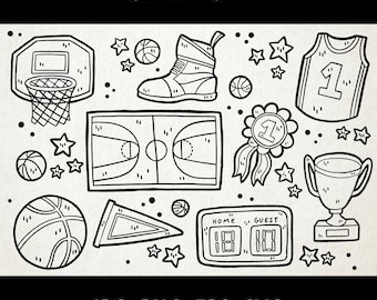 May include: Black and white clipart set of basketball themed illustrations.  The set includes a basketball hoop, basketball, basketball shoe, jersey, trophy, scoreboard, and a pennant.