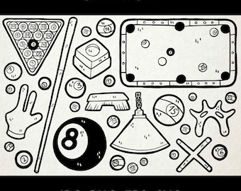 May include: Black and white line art of a pool-themed clipart set. Includes a pool table, billiard balls, cue stick, triangle rack, and other accessories. The text "CLIPART SET" is at the top, and "JPG PNG EPS SVG" at the bottom.