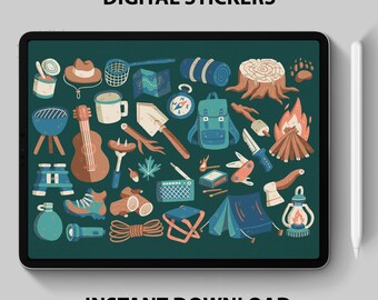 Camping Digital Stickers – Outdoor, Adventure & Travel Clipart for GoodNotes and Digital Planners – Nature, Hiking + Vanlife PNG