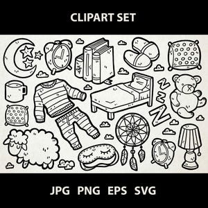 May include: Black and white clipart set of bedtime items including a bed, pajamas, a sleep mask, a dreamcatcher, a teddy bear, a nightlight, a book, a clock, and a moon and stars.