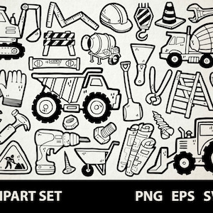 Baustelle / Digitale Lineart Doodle Grafiken / EPS, SVG, PNG / Bagger, Bauarbeiter, Kran, Werkzeug, Helm / Clipart für kommerzielle Nutzung