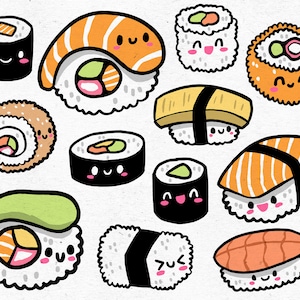 Kawaii Sushi / Gráficos digitales / EPS, SVG, PNG / Para fans de Otaku, Anime, Manga, Chibi y Japón / Clipart para uso comercial
