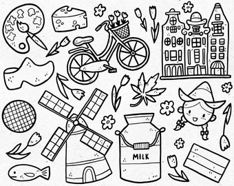 The Netherlands / Digital Clip Art Graphics / SVG, PNG, EPS / Holland, Amsterdam, Dutch / Doodled Line Art Illustrations for commercial use