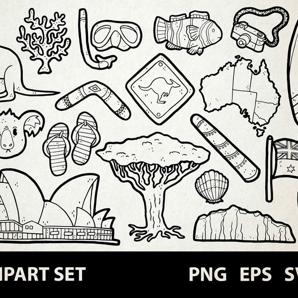 Australien / Digitale Lineart Doodle Grafiken / EPS, SVG, PNG / Sydney, Melbourne, Canberra, Down Under / Clipart für kommerzielle Nutzung