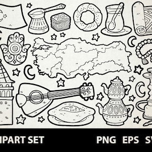 Turcja/cyfrowa grafika liniowa Doodle/EPS, SVG, PNG/Stambuł, Antalya, Ankara, Kebab, turecki/clipart do użytku komercyjnego