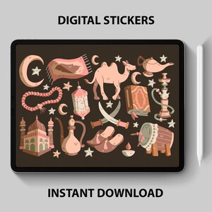 Könnte beinhalten: Ein Set digitaler Sticker mit verschiedenen islamischen Symbolen, darunter ein Halbmond, eine Moschee, ein Kamel, eine Laterne, ein Gebetsteppich, ein Buch, eine Wasserpfeife und eine Trommel. Die Sticker sind im Cartoon-Stil mit einem rosa und braunen Farbschema gehalten.