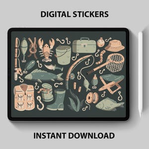 Könnte beinhalten: Ein Set digitaler Sticker mit verschiedenen Illustrationen zum Thema Angeln, darunter eine Angelrute, ein Eimer, ein Netz, ein Fisch, ein Hummer, eine Schwimmweste, ein Hut und eine Angelbox. Die Sticker sind im Cartoon-Stil gehalten und perfekt, um Ihren digitalen Projekten einen Hauch von Verspieltheit zu verleihen.