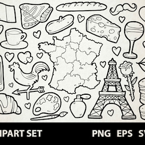 France / Digital Lineart Doodle Graphics / EPS, SVG, PNG / Paris, Europe, Tour Eiffel, Amour, Baguette/ Clipart pour un usage commercial