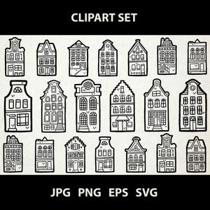 May include: A set of 16 black and white line drawings of different styles of houses. The houses are all drawn in a simple, cartoonish style.