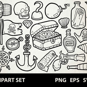 Piratas / Digital Lineart Doodle Graphics / EPS, SVG, PNG / Piratas, Mapa del Tesoro, Bandera, Sable/ Clipart para uso comercial