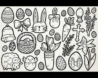 Ostern Clipart | Jpg, Png, Eps, Svg | Digitale Line Art Illustration Vektor Grafik | Kommerziell | Osterhase, Eier, Frühling, Feiertag