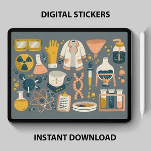 May include: A digital sticker set featuring science-themed illustrations. The stickers include a lab coat, beakers, test tubes, a DNA strand, a graduated cylinder, a funnel, a microscope, and more. The stickers are in a variety of colors, including yellow, orange, blue, and green.