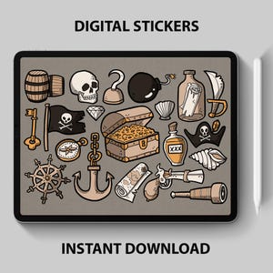 Pegatinas digitales con temática pirata: mapas del tesoro, anclas y más. 19 gráficos PNG para planificadores y manualidades.