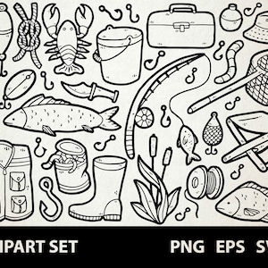 Pêche / Digital Lineart Doodle Graphics / EPS, SVG, PNG / Poisson, pêcheur, appât, canne, hameçon, pêche / Clipart pour un usage commercial