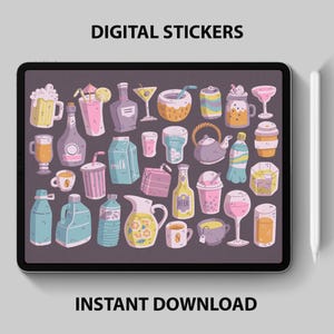 Beverages Digital Stickers – Drinks, Coffee, Tea, Beer, Cocktail & More Clipart for GoodNotes, Digital Planners – Drinks, Refreshments PNG