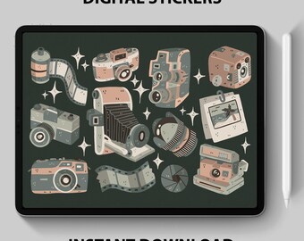 May include: A digital sticker set featuring various vintage cameras, film rolls, and other photography-themed illustrations. The stickers are in shades of brown, green, and white on a dark green background. The text "DIGITAL STICKERS" is at the top of the image and "INSTANT DOWNLOAD" is at the bottom.