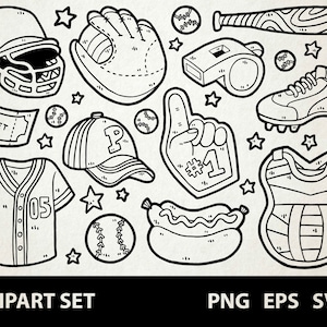 Könnte beinhalten: Schwarz-weiß Clipart-Set mit Baseball-Illustrationen. Enthält einen Baseballhelm, Handschuh, Basebälle, Schläger, Pfeife, Schuh, Ticket, Kappe, Schaumstoff-Finger, Trikot, Hotdog, Brustschutz und Sterne. Der Text "CLIPART SET" befindet sich unten.