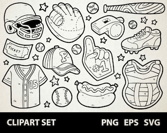 May include: Black and white clipart set featuring baseball-themed illustrations. Includes a baseball helmet, glove, baseballs, bat, whistle, shoe, ticket, cap, foam finger, jersey, hot dog, chest protector, and stars. The text "CLIPART SET" is at the bottom.